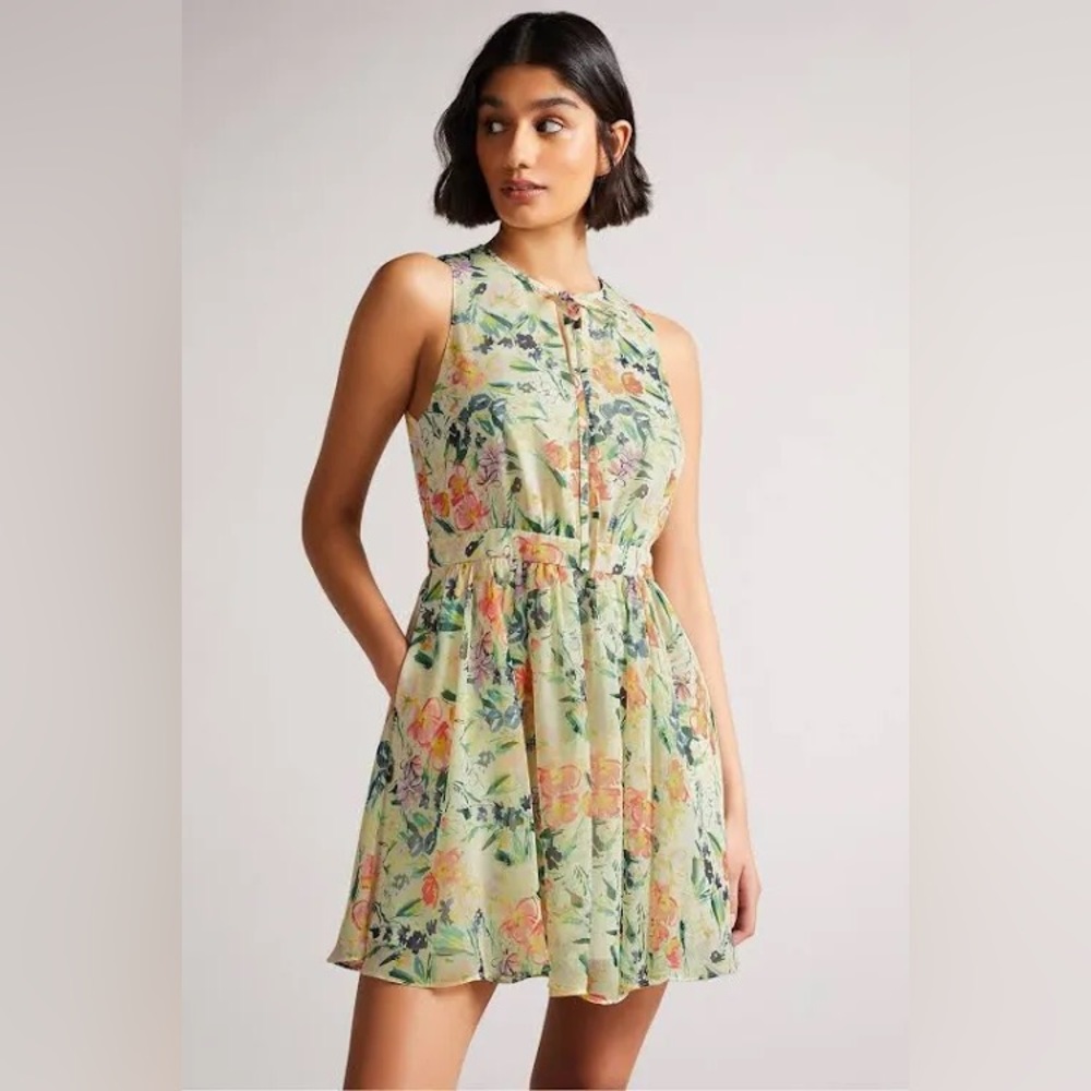 TED BAKER Haariss Mini Sleeveless Dress With Tie Neck DRESS White Sz 6 NWOT $260